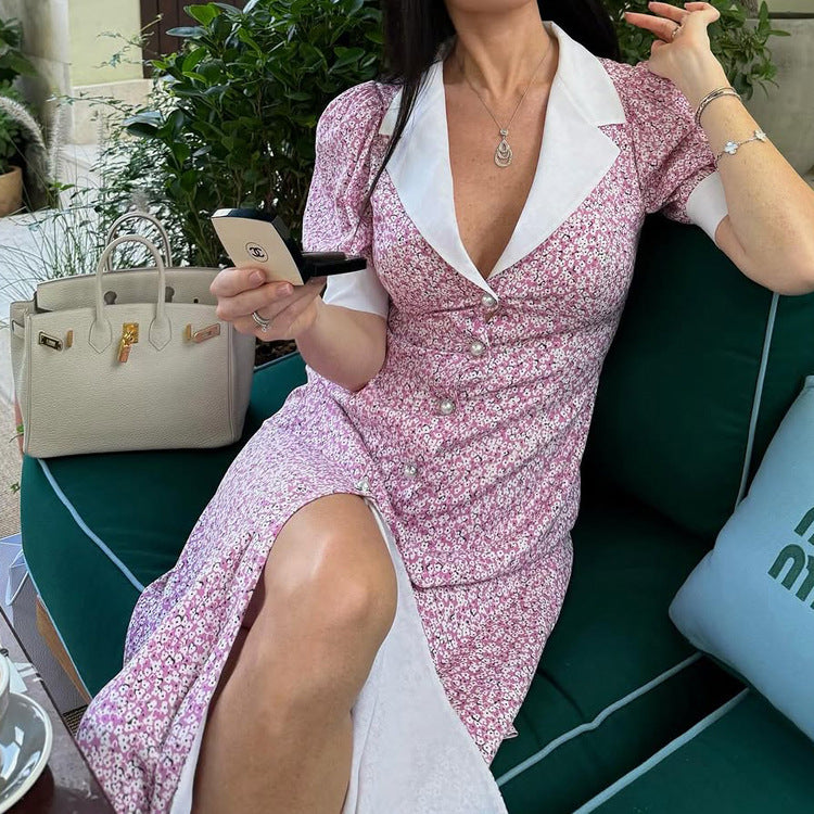 Elegant Floral Dress Summer Polo Collar Short Sleeve High Waist Print A line Dress for Women Kigali