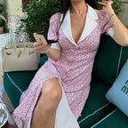 Elegant Floral Dress Summer Polo Collar Short Sleeve High Waist Print A line Dress for Women Kigali