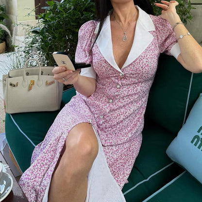 Elegant Floral Dress Summer Polo Collar Short Sleeve High Waist Print A line Dress for Women Kigali