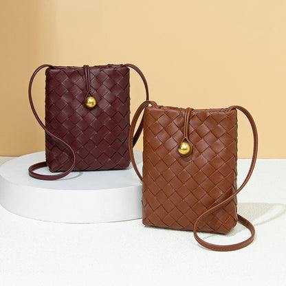 Soft Leather Bags Women Woven Handmade Bag Shoulder Messenger Bag Mini Phone Bag Casual All Matching Waist Bag