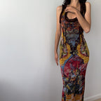Women Clothing Summer Retro Tie Dyed Printed Sexy U Collar Slim Dress Maxi Dress Burgatti