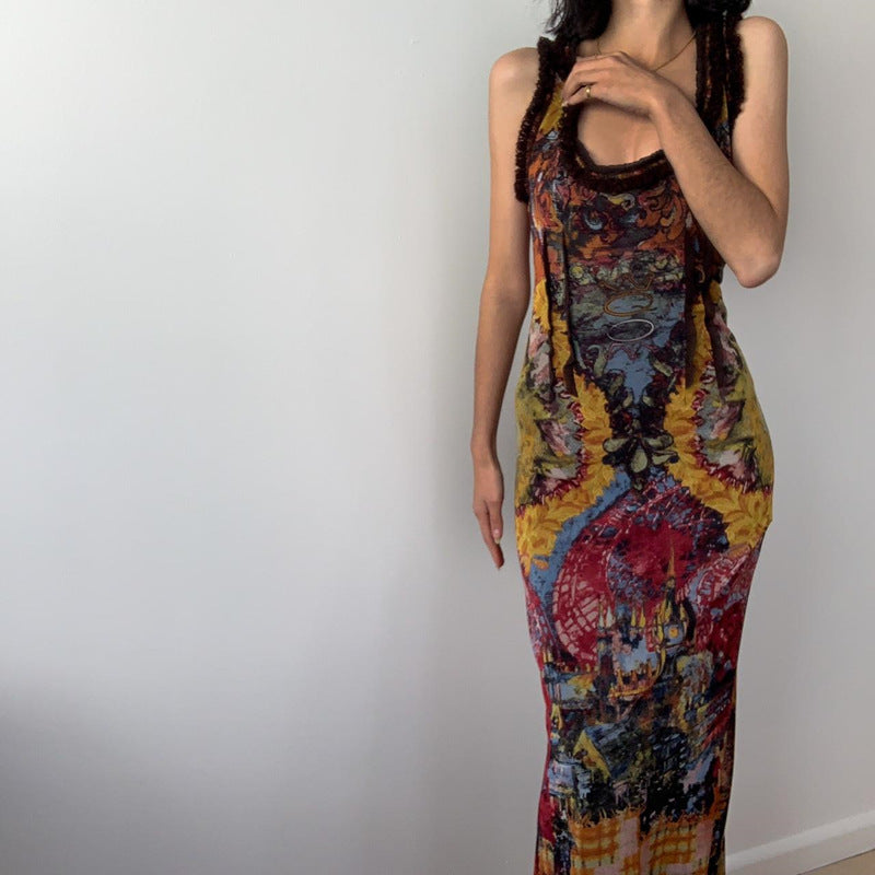 Women Clothing Summer Retro Tie Dyed Printed Sexy U Collar Slim Dress Maxi Dress Burgatti