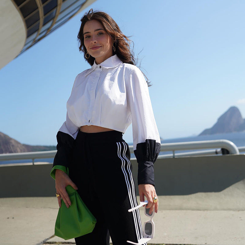 Women Clothing Autumn Polo Collar Stitching Contrast Color Long Sleeves cropped Cardigan Shirt COORAL