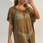 Women Dress Women Clothing Bright Silk Thread Gold Silk Sexy See through Beach Beach Cover Up Oyimi