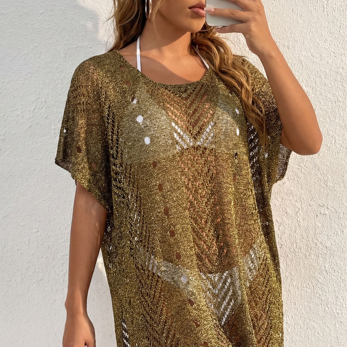 Women Dress Women Clothing Bright Silk Thread Gold Silk Sexy See through Beach Beach Cover Up Oyimi