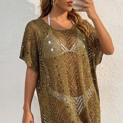 Women Dress Women Clothing Bright Silk Thread Gold Silk Sexy See through Beach Beach Cover Up Oyimi