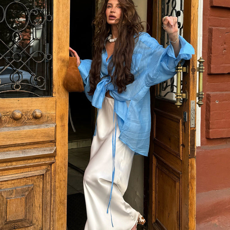 Ropa de mujer para principios de otoño, camisa de tencel de manga larga con cuello polo, camisa holgada para oficina que combina con todo