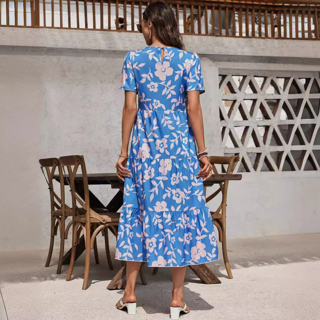 Elegant Ladies Large Floral Multi Layer Ruffled Patchwork Length Dress Vivish