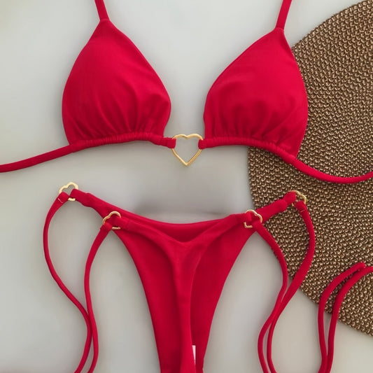 Bikini Love de nailon de color sólido con cintura baja y cordones