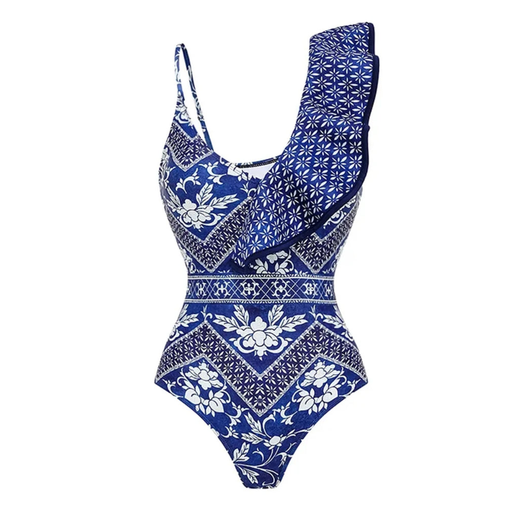 Traje de baño de una pieza con volantes y un hombro para mujer, sexy, sin espalda, estampado, traje de baño