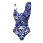 Traje de baño de una pieza con volantes y un hombro para mujer, sexy, sin espalda, estampado, traje de baño