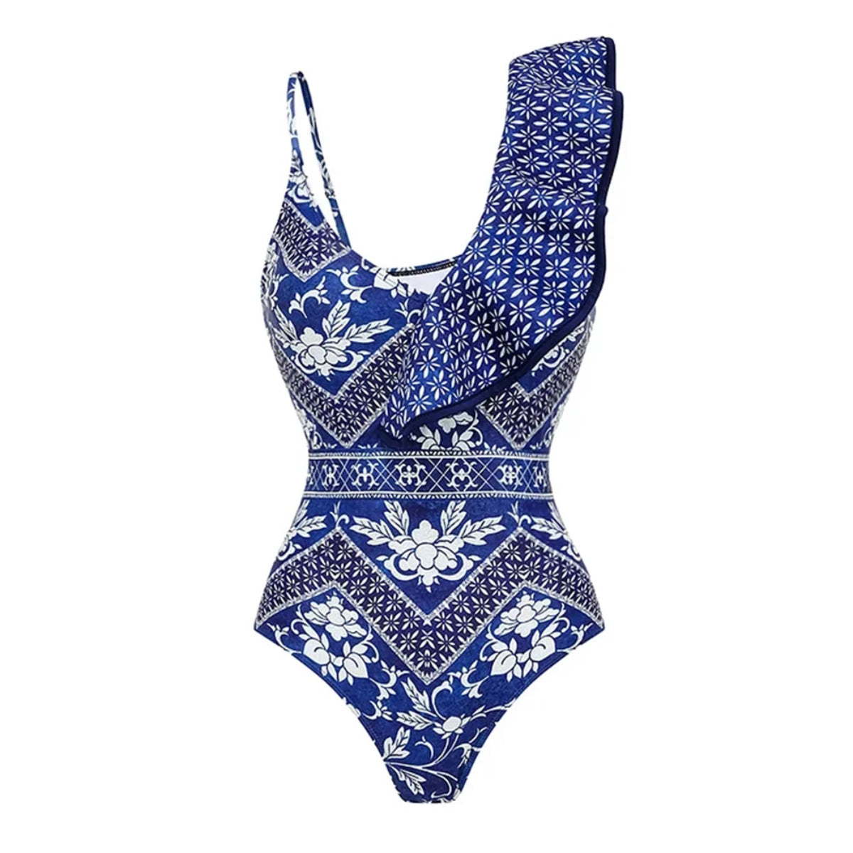 Traje de baño de una pieza con volantes y un hombro para mujer, sexy, sin espalda, estampado, traje de baño