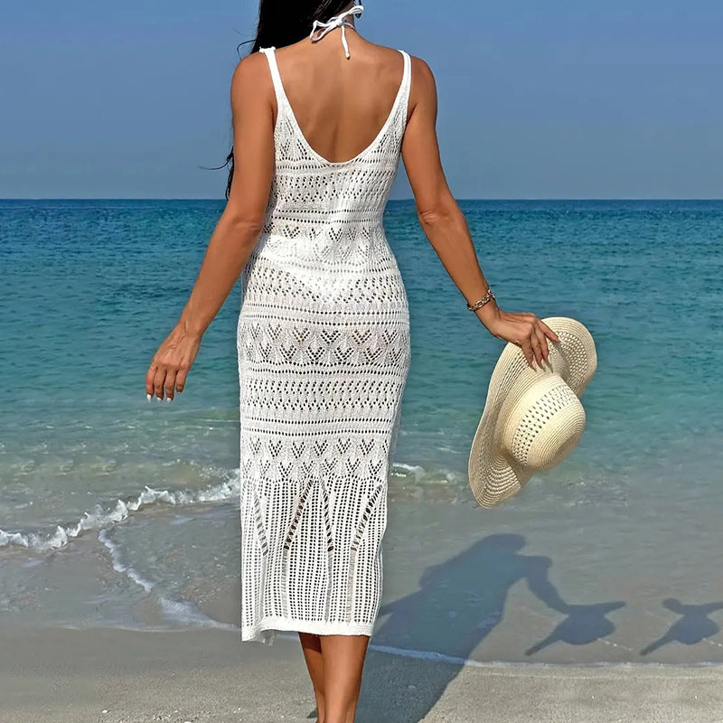 Beach Cover up Sexy Cutout Knitted Long Sling Backless Holiday Sun Proof Dress Mangar