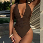 One Piece Swimsuit Sexy Brown Deep V Plunge Swimsuit Bikini DOUBLEOUT