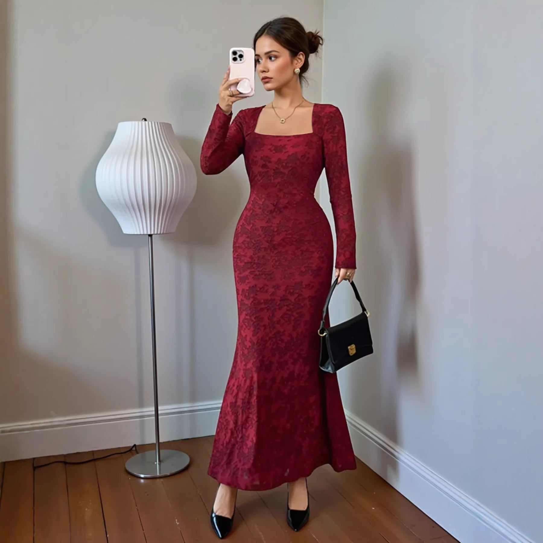 Spring Dress Elegant Slim Fit Square Collar Lace Long Sleeve Dress George