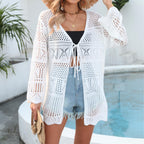 Blusa de playa para mujer, cárdigan tejido con cordones, manga larga, protección solar, para cubrir bikini