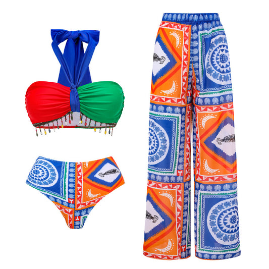 Bikini push up sexy de cintura alta, traje de baño dividido, pantalones de gasa