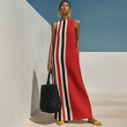 Sleeveless Vertical Striped Maxi Dress Women Autumn Linen Vest Seaside Vacation Dress Gemi