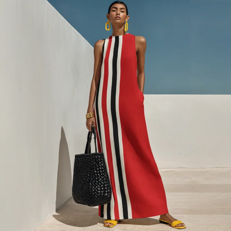 Sleeveless Vertical Striped Maxi Dress Women Autumn Linen Vest Seaside Vacation Dress Gemi