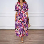 Summer Floral Print Maxi Dress Elastic Band Waist Tight Big V neck Short Sleeve Dress for Women XINXI