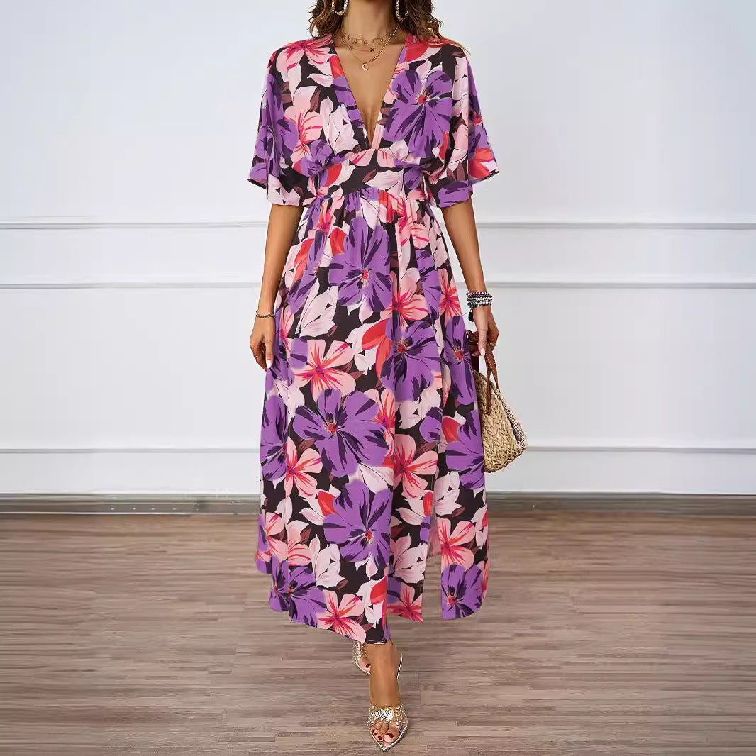 Summer Floral Print Maxi Dress Elastic Band Waist Tight Big V neck Short Sleeve Dress for Women XINXI