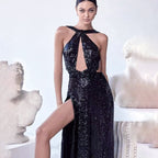 Summer Black Paillette Backless Sleeveless Hollow Out Cutout Sexy High Waist Slit Dress for Women SCC