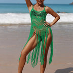 Beach Vacation Sexy Hand Crocheting Woven Hollowed Tassel Beach Mid Length Dress Bikini Smock Dress Tidee