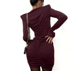 Vestido sexy de discoteca para mujer, jersey de cuello redondo, mangas largas, plisado, ajustado a la cadera