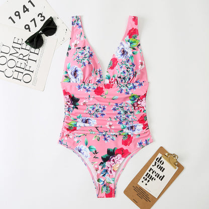 Traje de baño de una pieza para mujer, de cintura alta, triangular, estampado multicolor, estilo conservador doméstico.