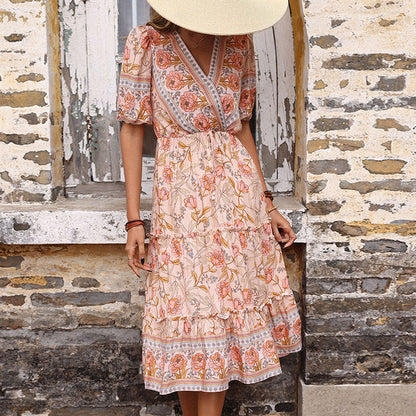 Summer Retro Women Pink Wooden Ear Printed Midi Dress Jeme