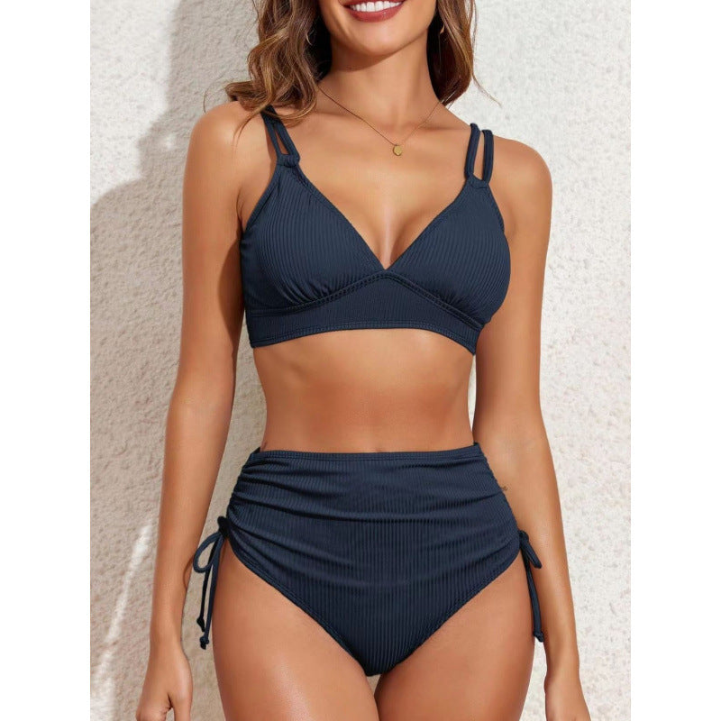 Swimwear Bikini Split High Waist Sunken Stripe Sexy Swimsuit Women Solid Color Split Swimsuit Swimsuit SOKO