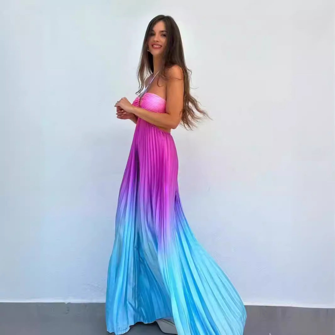 Personalized Summer Gradient Color Halter Pleated Long Women Dress Lyncent