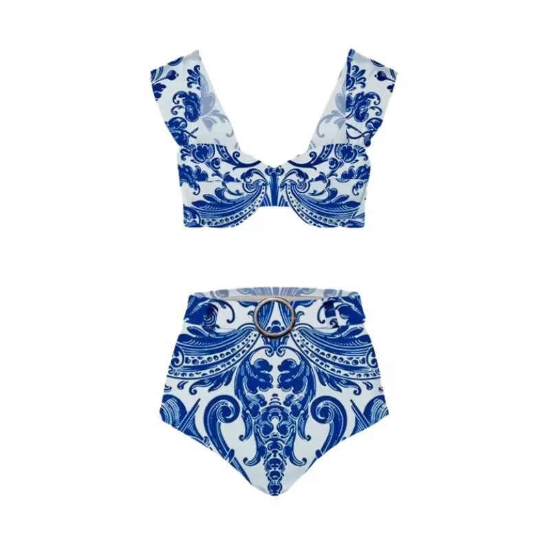 Traje de baño Lonkey para mujer, de porcelana azul y blanca, estampado de tres piezas, dividido.