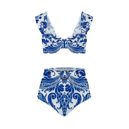 Traje de baño Lonkey para mujer, de porcelana azul y blanca, estampado de tres piezas, dividido.