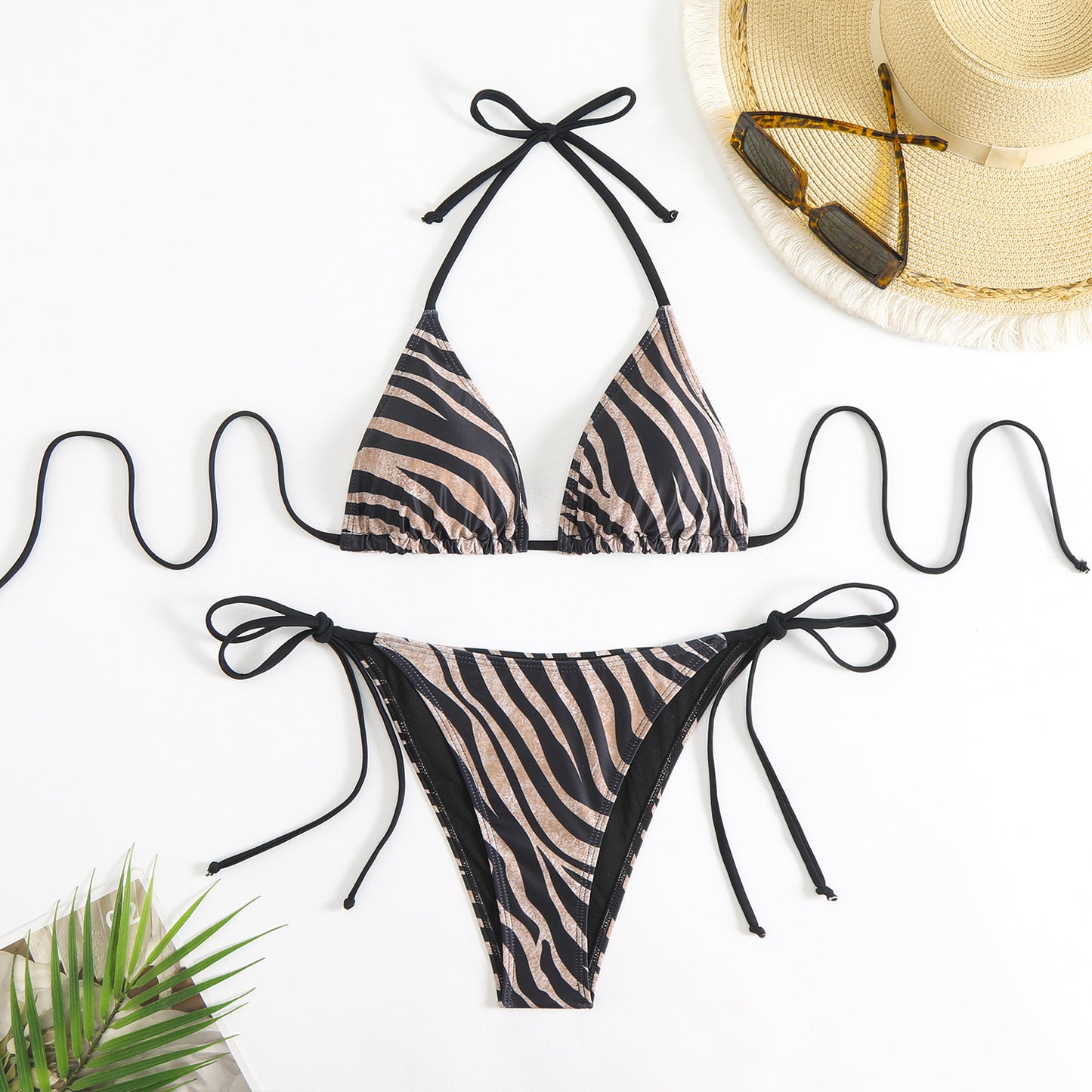 Bikini con estampado de cebra, sexy, sin espalda, con cordones, para mujer, bikini dividido