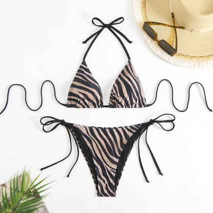 Bikini con estampado de cebra, sexy, sin espalda, con cordones, para mujer, bikini dividido