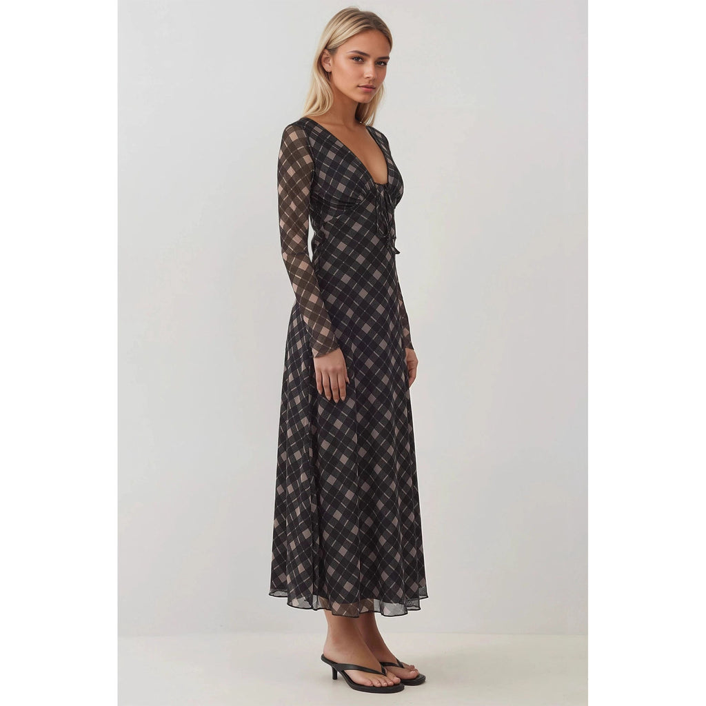 Autumn Retro V neck Lace up Plaid Elegant Graceful Slim Dress Rogan