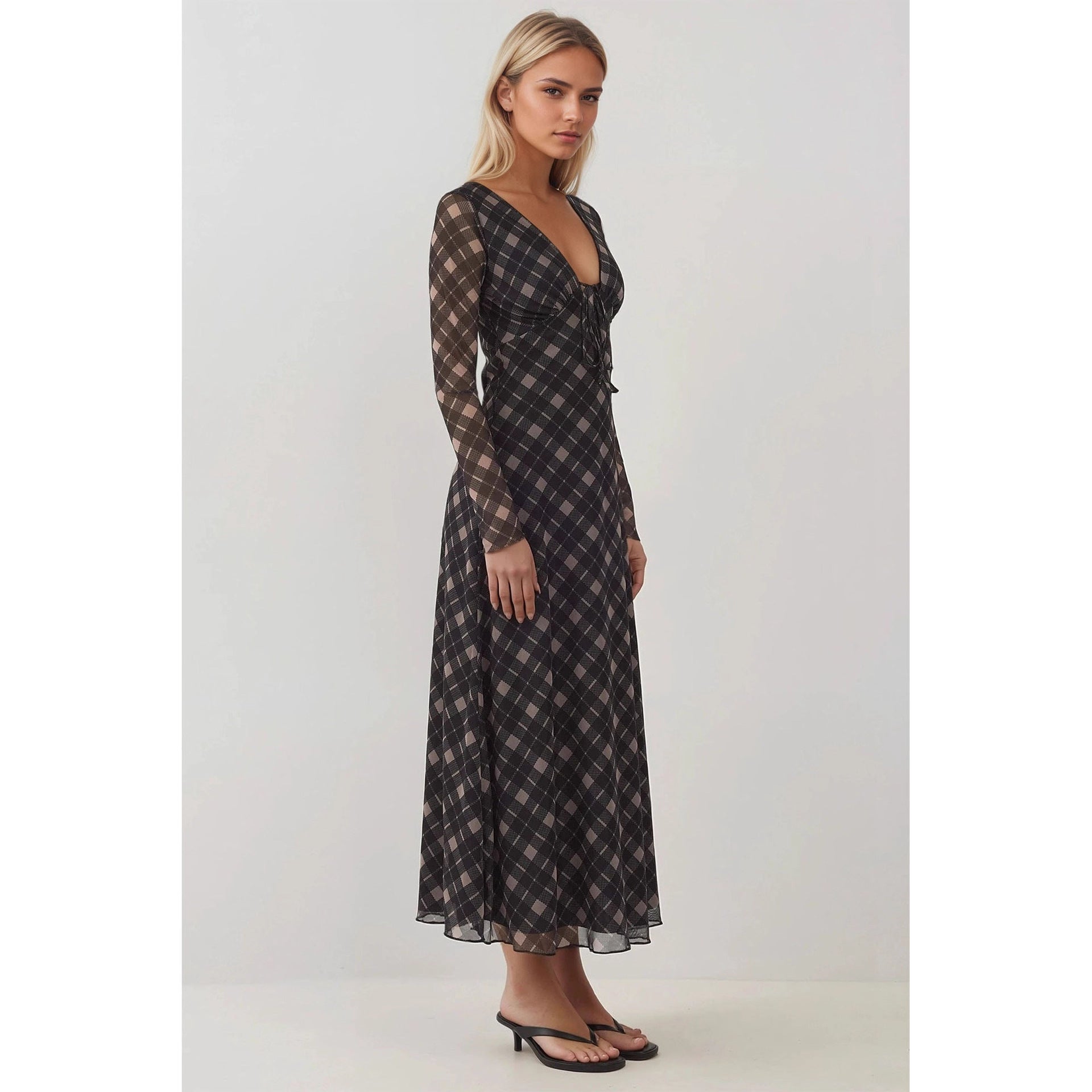 Autumn Retro V neck Lace up Plaid Elegant Graceful Slim Dress Rogan
