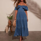 Women Clothing Stylish Loose round Neck Ruffled Swing Denim Dress YooYoung