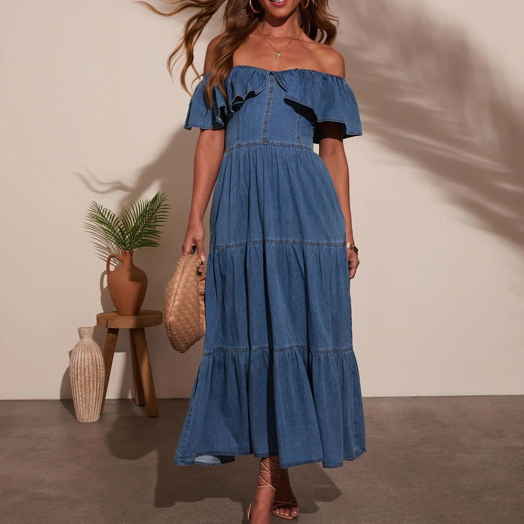 Women Clothing Stylish Loose round Neck Ruffled Swing Denim Dress YooYoung