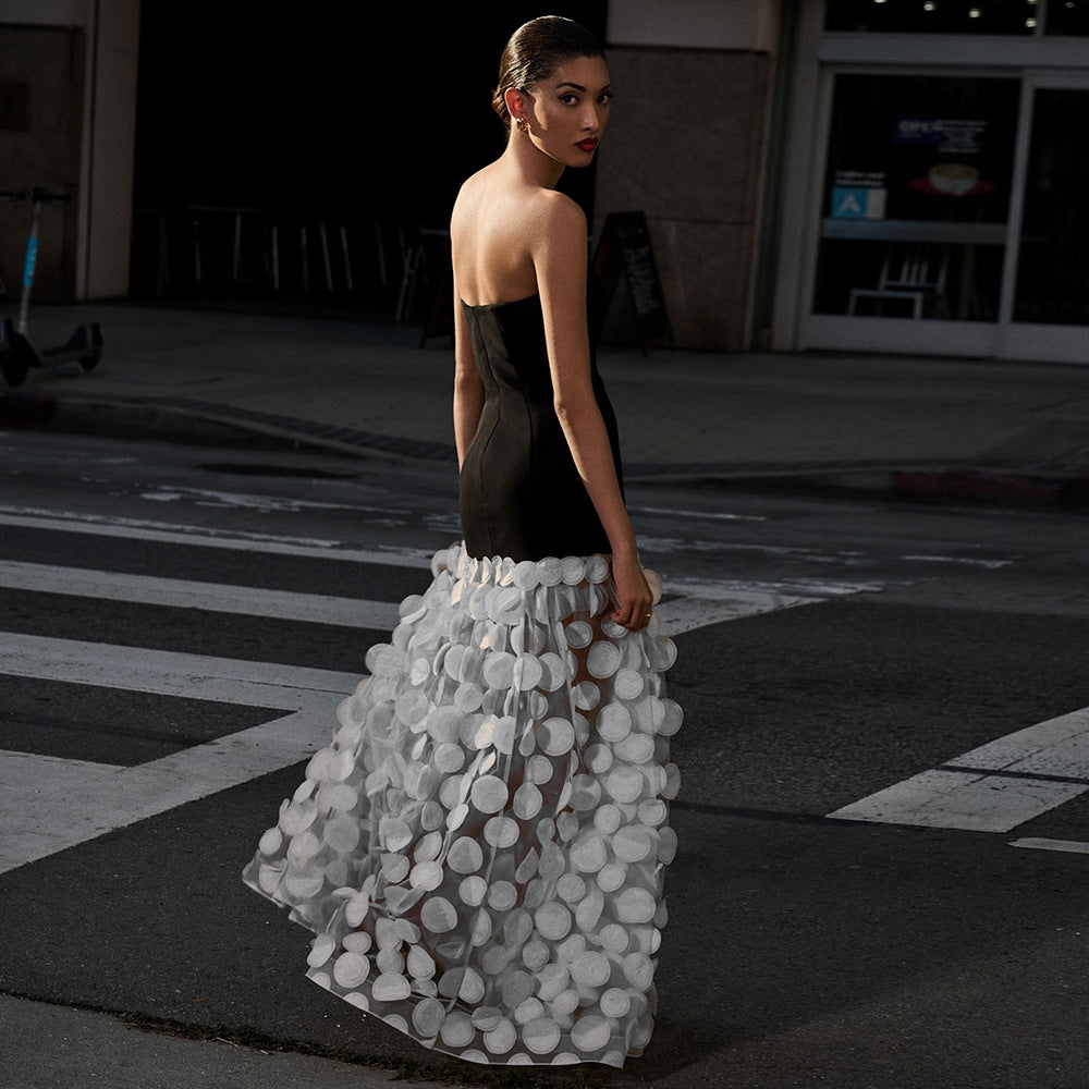 Spring Summer Black White Tube Top Dress Three Dimensional Floral Pettiskirt Dinner Wedding Dress Host Dress Sight