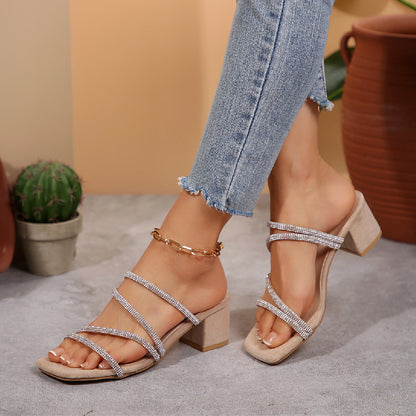 Chunky Heel Rhinestone Thin Strap Mid Heel Sandals Women Two Way Square Toe Slippers