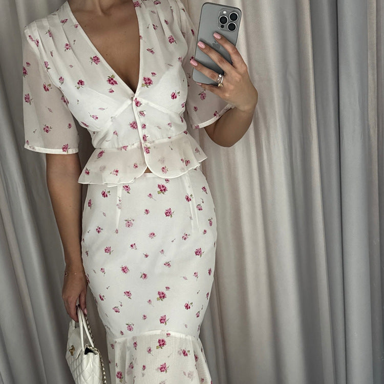 V neck Short Sleeve Cardigan Top Hip Skirt Two Piece Set Summer Printed Skirt Set for Women Kigali