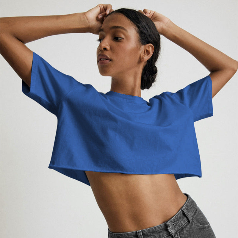 Sexy Short Sleeved T shirt Women Summer Pure Cotton Solid Color Short Cropped round Neck Sports Top JilSung