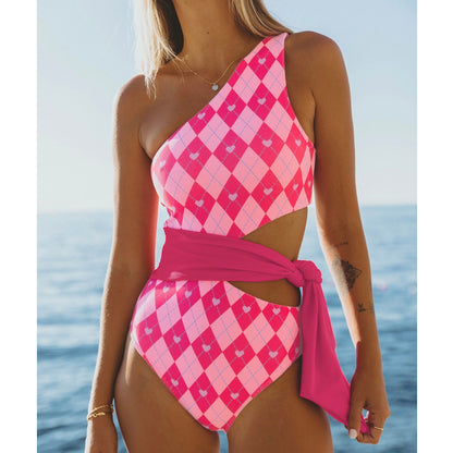 One Piece Swimsuit Women One Shoulder Tube Top Hollow Out Cutout Bikini High Waist Strap Swimsuit