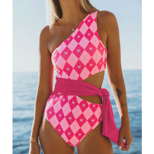 One Piece Swimsuit Women One Shoulder Tube Top Hollow Out Cutout Bikini High Waist Strap Swimsuit