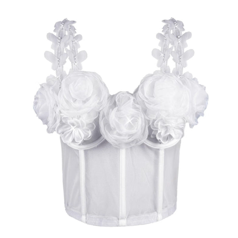 Débardeur français pour femme, vêtement d'extérieur rétro, motif floral en perles tridimensionnelles, corset à baleines, haut tube