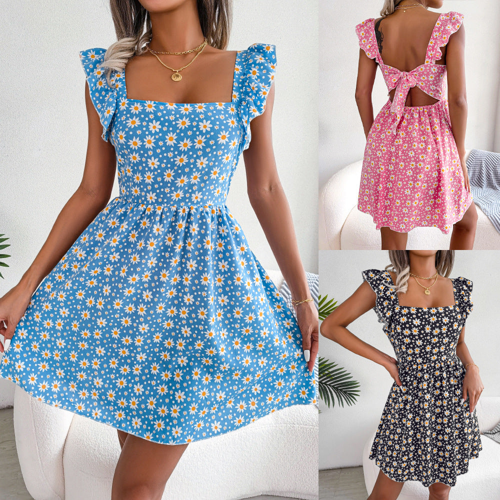 Spring Summer Backless Lace-up Daisy Print Casual Holiday Dress Women Clothing BAGIISA