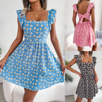 Spring Summer Backless Lace-up Daisy Print Casual Holiday Dress Women Clothing BAGIISA