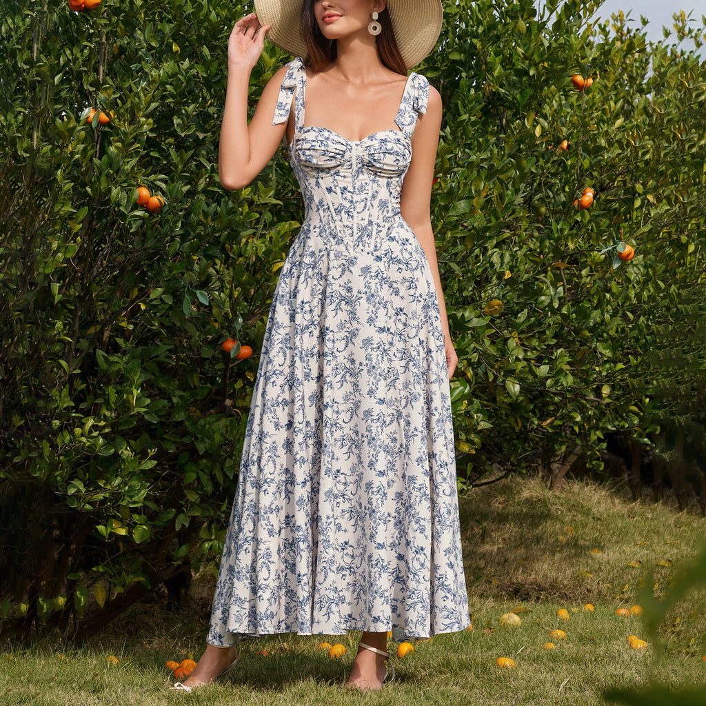 Summer Four Sided Stretch Printing Slip Dress Dignified Goddess Backless Waist Trimming Lace up Boning Corset Dress SUNSHINE